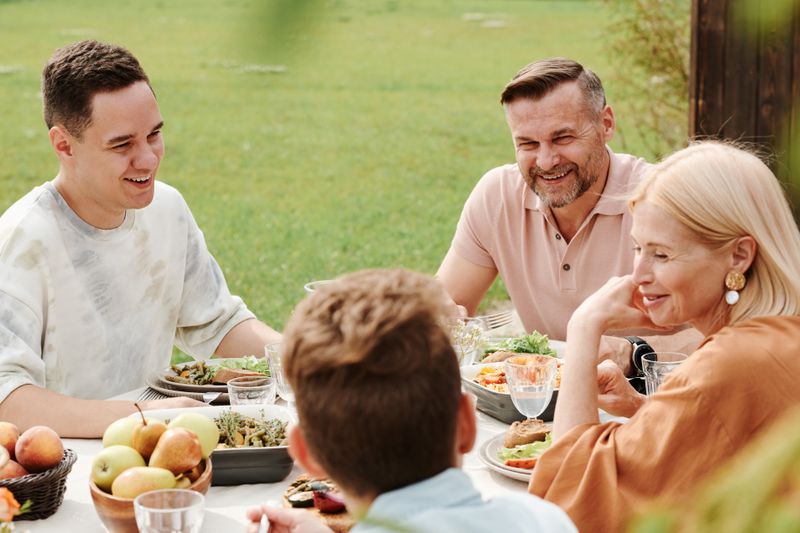 a happy family enjoying their meal